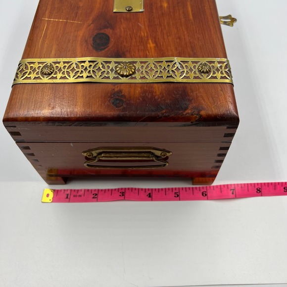 Vintage Wooden Latch Jewelry Storage Box Gold Tone Metal Blue Lining Mirror MCM - Picture 4 of 13